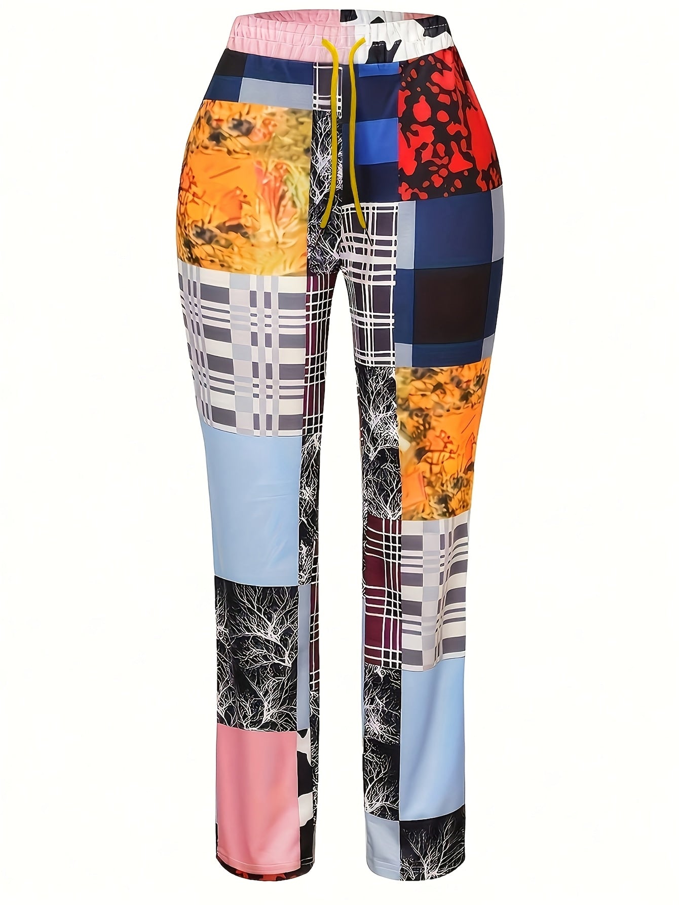 Plus Size Women's Casual Drawstring Pants with Random Print, High Stretch Polyester Fabric, Machine Washable - All Seasons